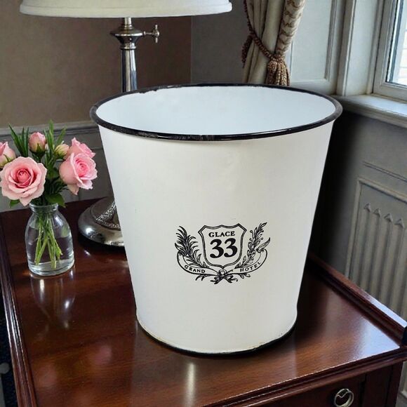 Vintage Enamel “Glace 33 Grand Hotel” Ice Bucket White Black Rim Barware - Picture 1 of 10